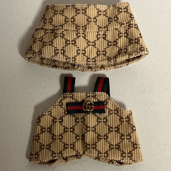 Designer Overalls Sneakers Bucket Hat 3 Piece Outfit For Labubu Tan Red Green - Picture 2 of 5